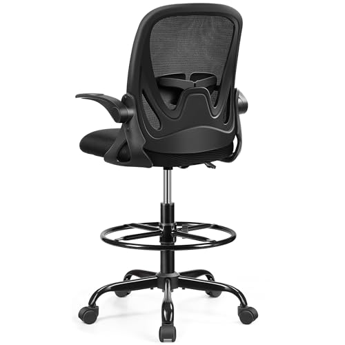 Primy Ergonomisches Bürostuhl, höhenverstellbarer Zeichenstuhl mit klappbaren Armlehnen und Verstellbarer Lendenstütze mit Fußstützenring, Familiendrehstuhl (Schwarz)