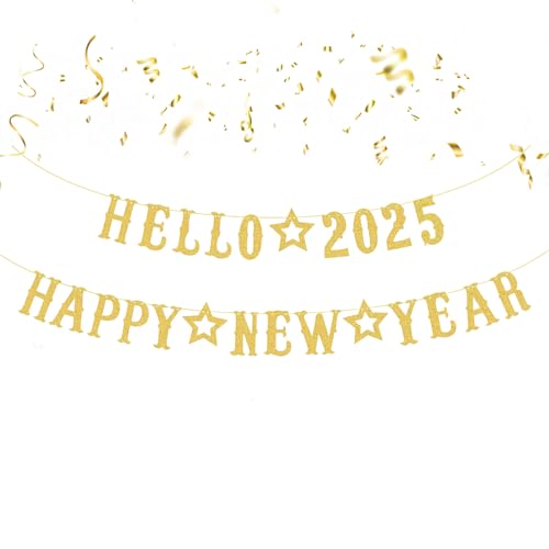 Silvester Deko 2025,Happy New Year Deko 2025 Girlande Gold Banner Papier Neujahr Party Hanging Dekoration,Tischdeko Dekorationen,für Geburtstag New Years Eve Decorations Fotohintergrund Silvesterdeko