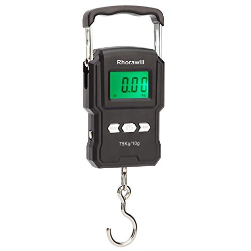 Fishing Scale, Rhorawill 165lb / 75kg Hängewaage Gepäckwaage Digitale Kofferwaage Fischwaagen mit Maßband, Tragetasche, Batterien, Beleuchtetes Display, Kofferwaage für Reisen/Familienleben