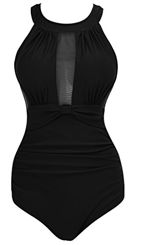 VILOREE Damen Schlankheits Badeanzug Raffung Einteiler High Neck Bademode Strandmode Schwarz 2XL