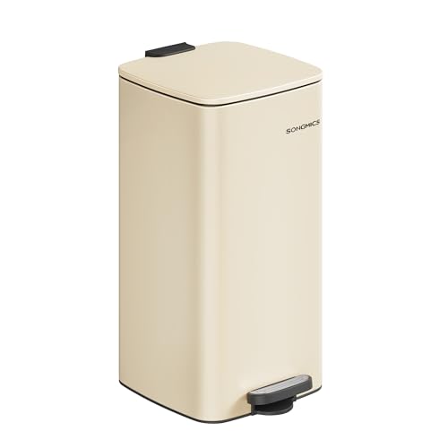 SONGMICS Mülleimer Küche, 30 Liter Abfalleimer, Tretmülleimer, Stahl, mit Inneneimer, Softclose, Offenhaltefunktion, sandbeige LTB593A02