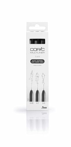 COPIC Multiliner Set, Black, 3 Fineliner in verschiedenen Strichstärken, Zeichen Stifte mit einer feinen Spitze und wasserbeständiger Pigmenttinte