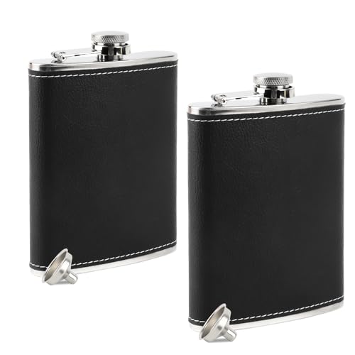 2 Edelstahl Flachmann und 2 Trichter, 8oz/227ml Fassungsvermögen Flask, RISVOWO Flachmann Leder Geeignet Zum Tragen von Alkohol, Flachmann Klein Set für Stilvolles Trinken Unterwegs