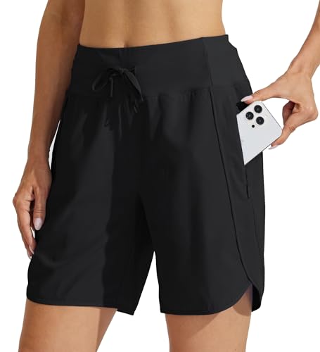 WILLIT Damen Shorts Sporthose Kurz High Waist Laufhose Sommer Laufshorts Schnelltrocknend Wanderhose Kurze Hose Sport Fitness Running mit Taschen 7" Schwarz L