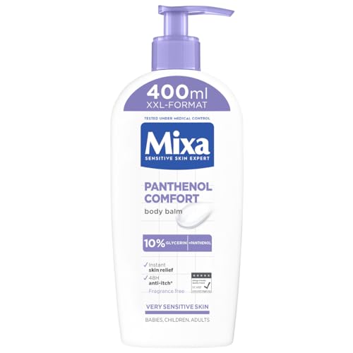 Mixa Panthenol Body Lotion XXL, juckreizlindernder und beruhigender Balsam, mit Panthenol und pflanzlichem Glycerin, für empfindliche, sensible Haut, mildert Juckreiz Mixa Panthenol Comfort, 400 ml