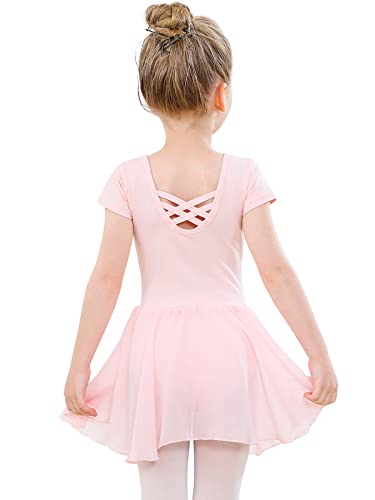 PLIKSUVER Ballettkleidung Mädchen Baumwolle Ballettkleid Balletttrikot Kurzarm Tanzkleid Tanzbody mit Chiffon Rock Tütü