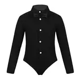 Yeahdor Kinder Jungen Hemdbody Latin Tanz Oberteil Bodys Smoking Shirt Langarm Gentleman Hemd Overall mit Schleife für Ballsaal Freizeit Schwarz 152