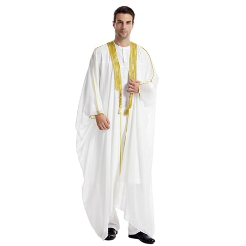 Lässige Muslimische Arabische Robe Satin Mit Mittelärmeln Für Herren Kleider Gebetskleidung Männer Muslim Kaftan Abaya Dubai Mittlerer Osten Ethnisch Kandoura Stil Araber Kleidung (White, L)