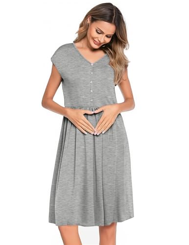 Weardear Stillnachthemd Damen Nachthemd mit Knöpfen Ärmellos Umstandskleid Nachthemden für Schwangere Grau XXL