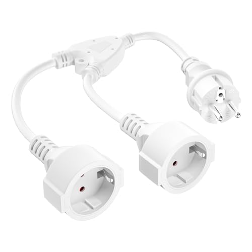 Schutzkontakt-Verlängerungsleitung, AC-Schuko-Y-Kunststoffkabel, kurzes Kabel mit 2-poliger Steckdose, mit IP20-Doppelstecker, für Heim, Büro und Außenbereich, 3 x 1,5 mm², max. 250 V/16 A, weiß