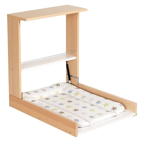 Geuther Wand Wickelregal Wicki I Wickeltisch klappbar inkl. Wickelauflage I Platzsparende Wickelkommode klappbar für Babyzimmer I Wandwickeltisch mit Regalfach I Wickelunterlage abwaschbar | Natur