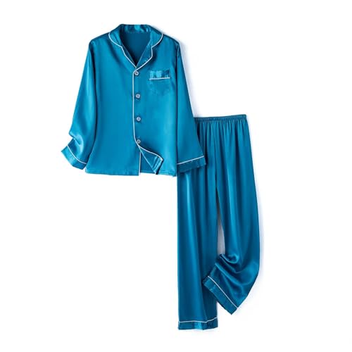 Generisch Kinder-Pyjama-Set aus Seidensatin für Mädchen und, Pyjama-Sets mit Knopfleiste, Zweiteilige -Sets, langärmlig, weiße Nachtwäsche Schlafanzug Kinder Bio (Blue, 10-11 Years)