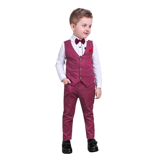 Weihnachtsjungen formelle Kleidung Shirt mit Fliege + Weste + Hose Kleinkind Jungen Hochzeitsfeier Kleid Anzüge Rot 5-6 Jahre