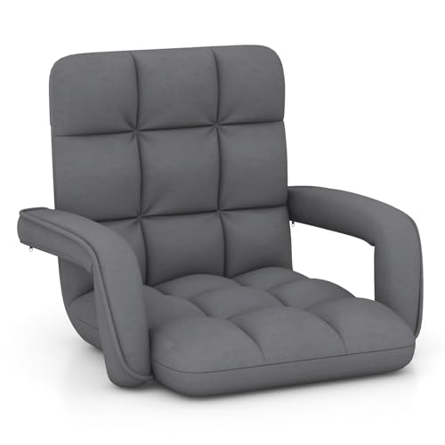 GOPLUS Bodenstuhl, gepolstertes Bodensofa mit Armlehnen & 6-Fach Verstellbarer Rückenlehne, Bodensessel mit Metallrahmen, Meditationsstuhl Lesesessel Loungesessel für Wohnzimmer, Grau