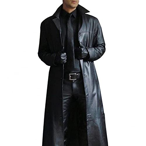 Suncolour Herren Schwarze Lederjacken Leder Langer Mantel Herren Classic Biker Faux Slim Fit Moto Long Coat