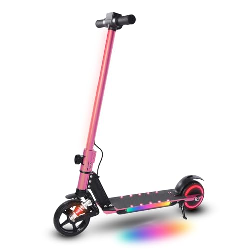 E-RIDES Elektroroller Kinder ab 6-12 Jahren, E Scooter mit Bunter Regenbogenlicht, 5-8KM Reichweite,Faltbarer Elektro Scooter Kinder, 130W Elektroscoote, Geschenk für Kinder und Jugendliche (Rosa)