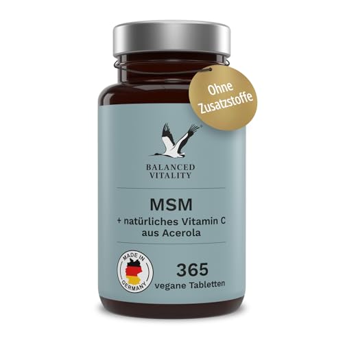 MSM + Vitamin C - 2000mg Methylsulfonylmethan + natürliches Vitamin C (Acerola) - 365 vegane Tabletten für 6 Monate - ohne Zusatzstoffe - laborgeprüft - Balanced Vitality