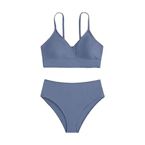 Bikini Mädchen Teenager mit Shorts Bikini Kinder Zweiteiliger Badeanzüge Bikinioberteil mit Triangel Bedruckte Bikinihose Mädchen Tankini Mädchen Badeanzug (A-Blue, 12-14 Years)