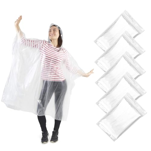 Traxenta 5er Set regenponcho Unisex, regencape damen und regencape herren wasserdicht für Angeln, poncho regen für Camping, regenjacke für Wandern, regenmantel für Reisen, Radfahren(Transparent)