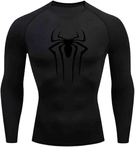 Spider Print Kompressionsshirt Herren Langarm Weiß, Enganliegendes Funktionsshirt Schnell Trocknend Langärmeliges Fitnessshirt Männer Atmungsaktiv Sportshirt Laufshirt für Sport Laufen Fitness Gym