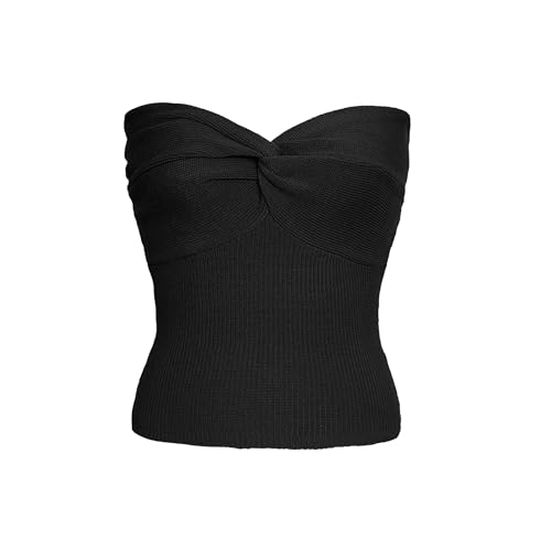 DGCUPODE Frauen Twist Knot Front Tube Tops Trägerloses Sommer-Pullover-Strick-Bandeau Ärmelloses Geripptes Y2K-Korsett-Crop-Top (Schwarz,L)