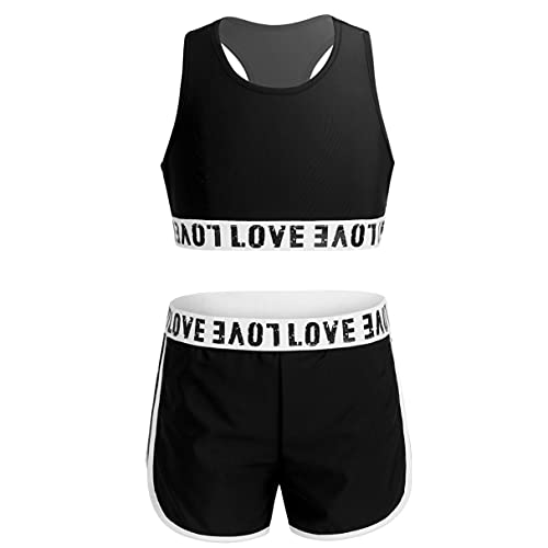 iiniim Mädchen Tankini Set Tank Top+Shorts Zweiteiler Badeanzug Bikini Bademode Kinder Sport Trikot Ballett Tanzkleidung Sport Set Gr.98-176 Schwarz 146-152