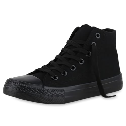 VAN HILL Damen Sneaker High Schnürer Bequeme Basic Freizeit Stoff Schuhe 215929 Schwarz 36