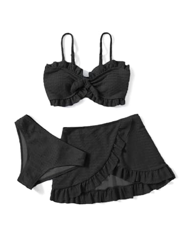 Arshiner Badeanzüge für Mädchen Bikini Set 3-teilige Bademode Top+Rocks +Slips Badebekleidung Kinder Badeanzug mit Rock Bademode Schwimmanzug für Mädchen Schwarz 13-14 Jahre