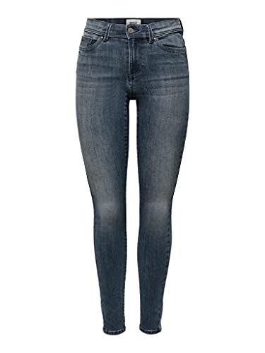 ONLY Damen Skinny Fit Jeans | Normal Waist Denim Stretch Hose | Bleached Used Design ONLWAUW, Farben:Dunkelblau, Größe:L / 30L