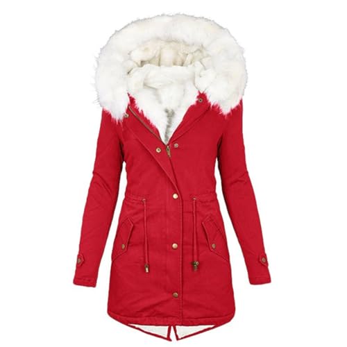 EMATOP angebote des tages heute Winterjacke Damen Lang Warm Parka Mantel Baumwolle Langarm Fleecejacke mit Fell Kapuze Wintermantel Einfarbig Elegant Winterparka Jacke Fleece Gefütterter Outdoorjacke