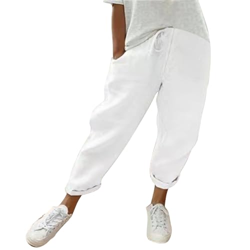 Damenhose mit Gummizug Baumwolle für Sommer Damen Cotton Lace Up Große Größe Casual Damen Baumwolle Lace-Up Farbe Größe Plus Größe Casual Hosen Sommer Hose Damen (White, XXXXXL)