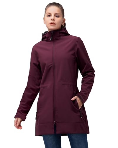 33,000ft Softshelljacke Damen Lange Übergangsjacke Wasserdicht Winddicht Softshellmantel Windbreaker Atmungsaktiv Wanderjacke Outdoor Mantel mit Abnehmbarer Kapuze, Himbeerrot L