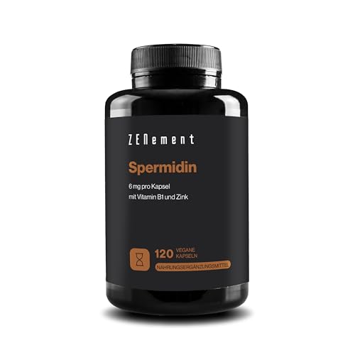 Spermidin Kapseln - 6 mg Spermidin pro Kapsel aus Weizenkeime - mit Vitamin B1 und Zink - Hochdosiert - 120 Stück - 100% Natürlicher - Ohne Zusätze, Vegan, Nicht-GVO - Zenement