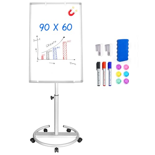 maxtek Flipchart Ständer, 90x60cm Flipcharts Whiteboard, Haken Verschieben Flipchart Papier, Magnetisch Beschreibbare Höhenverstellbar Flip Chart, 1 Radierer, 3 Markern und 6 Magneten