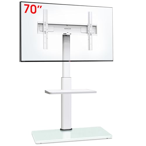 AOKCOS TV Ständer TV Bodenständer für 32-70 Zoll Fernseher bis zu 40 KG, TV Standfuß mit 2 Stufigen Ablagen, Fernsehstand Höhenverstellbar Schwenkbar Neigbar, Max. VESA 400x400mm (Weiß)