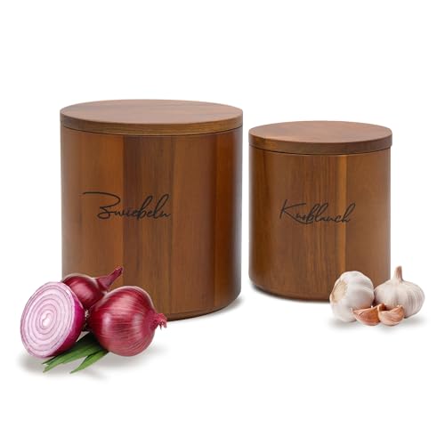 HOMEWOOD Zwiebel & Knoblauch Aufbewahrung [2er Set - Stapelbar - Akazienholz] der ideale Weg für die Gemüse Aufbewahrung - Vorratsbehälter - Küche - Zwiebeltopf - Knoblauchtopf - Deutsche Gravur