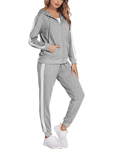 Parabler Damen Jogginganzüge Set Sportanzug 2 Teilig Freizeitanzug Streetwear Hausanzug Fitness Trainingsjacke mit Kapuze Sport Grau M