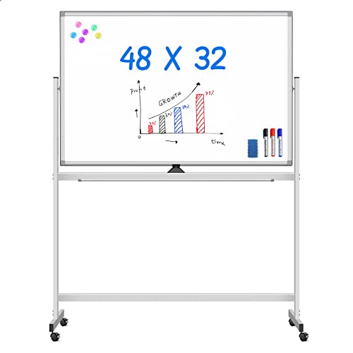 ​maxtek Mobiles Whiteboard, 120 x 80 cm Doppelseitiges Whiteboard mit Ständer, Magnetische, Aluminiumrahmen - mit Stifte, Schwämme, Magnete