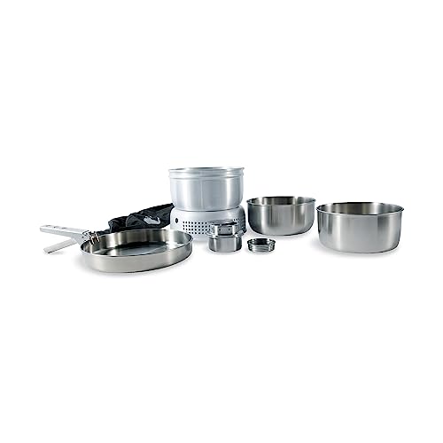 Tatonka Multi Set + Alcohol Burner (8-teilig) - Camping-Kochgeschirr aus Edelstahl mit Spirituskocher - (Pfanne, 2 Töpfe, Klemmgriff, Windschutz, Kochgestell und Kocher)