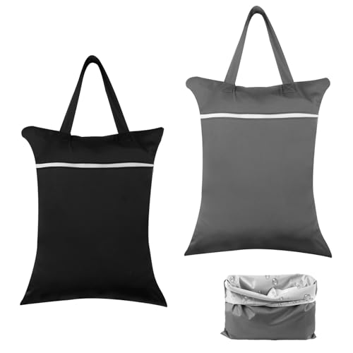 Nassbeutel Set, Wasserdichte Wetbag mit Griff und Reißverschluss, Waschbare, Wiederverwendbare Nassbeutel für nasse Baby-Stoffwindeln, Badebekleidung und Sportkleidung, 40×50 cm (Schwarz & Grau)