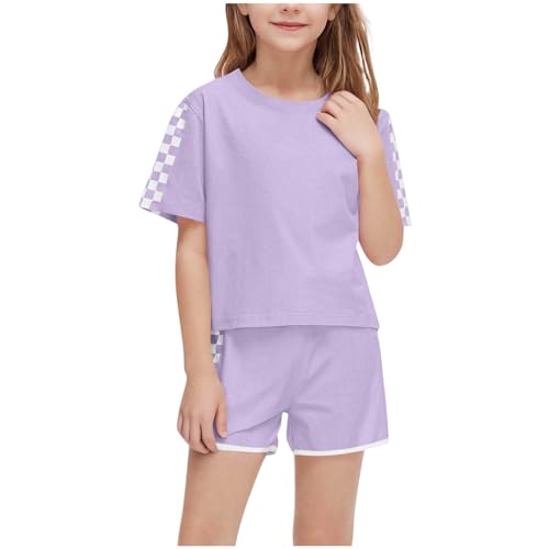 XINYUNZU Sportanzug Mädchen T-Shirt und Shorts Sommer Kleidung Set Trainingsanzug Jogginganzug Sport Outfit Top mit Sporthose Kurz Activewear Casual Klamotten Bekleidungssets für Kinder Lila 7 Jahre