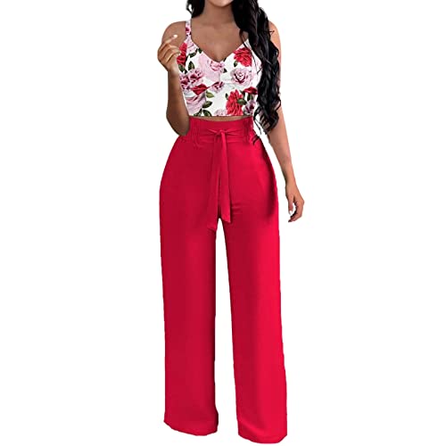 Generisch Sommer Frühling Floral Bedrucktes 2-Teiliges Set Damen Casual Outfit Feinripp Trainingsanzug Verkürztem Oberteil Lockere Freizeitanzug Europäischer Amerikanischer Stil Jogginganzug (Red, S)