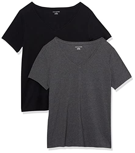 Amazon Essentials Damen T-Shirt mit V-Ausschnitt und kurzen Ärmeln in Übergröße, 2er-Pack, Dunkelgrau Meliert/Schwarz, 3XL Große Größen