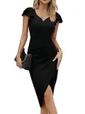 Missufe Cocktailkleid Wickelkleid Elegant Bodycon Midikleid Damen Partykleid Sommerkleid Vintage Rüschenkleid Kleider (Schwarz, Mittel)