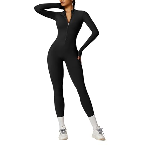 OEAK Damen Sport Jumpsuit Lang Eng Yoga Overall Langarm Rollkragen Playsuits mit Reißverschluss Nahtloser Bodysuit Bodycon Strampler Einteiler Romper,Kohlenschwarz,M