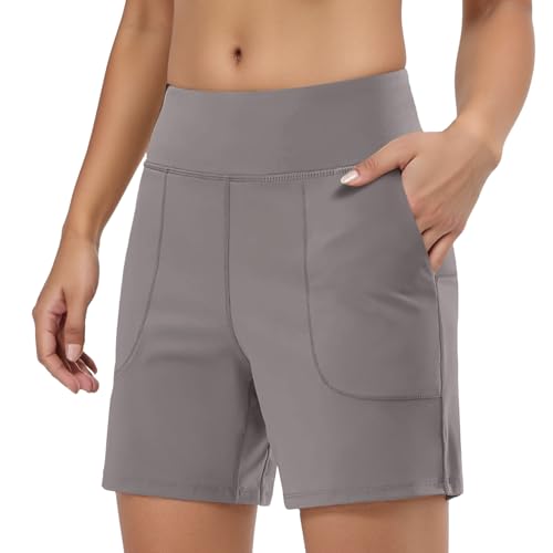 Hose Damen Shorts Taschen, hohe Taille, Lange, knielange für Yoga, sportliches Training, lässig Stoff(Kaffee,M)