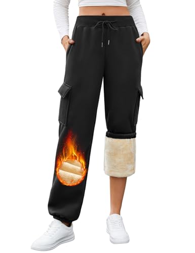 Lonya Jogginghose Damen Baggy Warme Cargo Sweatpants Lang Gefütterte Thermo Oversized Winter Fleece Trainingshose Schwarz,S