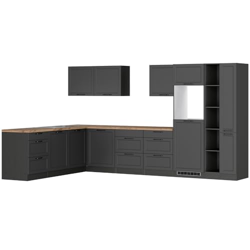 Lomadox Winkelküche Küche Einbauküche Küchenzeile L-Form 360/240 cm in grau, Arbeitsplatte in Eiche