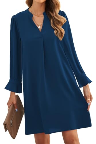 ANFTFH Frauen 2025 Langarm Kleider Freizeitkleid V-Ausschnitt Casual Flowy Swing Party Club Mini Kleid Blau M
