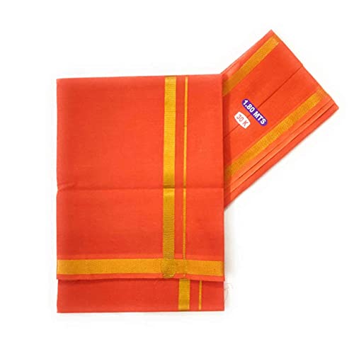 Stylesindia Fancy Grenze Farbige Einzelschicht Dhoti Mundu 2.0mts Vesti mit 1.20 Mts Duppatta Angavastram, Orange/Abendrot im Zickzackmuster (Sunset Chevron), Einheitsgröße